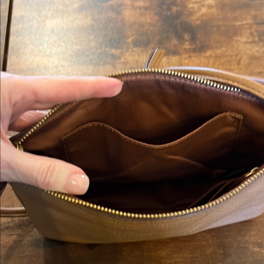 Tan Leather Crossbody with Dual Zippers - Picture 5 of 5